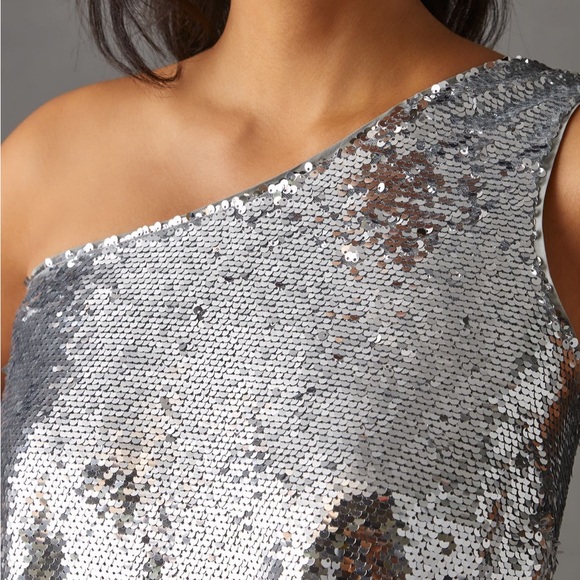 Maeve one shoulder silver sequin midi dress anthropologie sz large new nwt ✨ - Picture 7 of 14